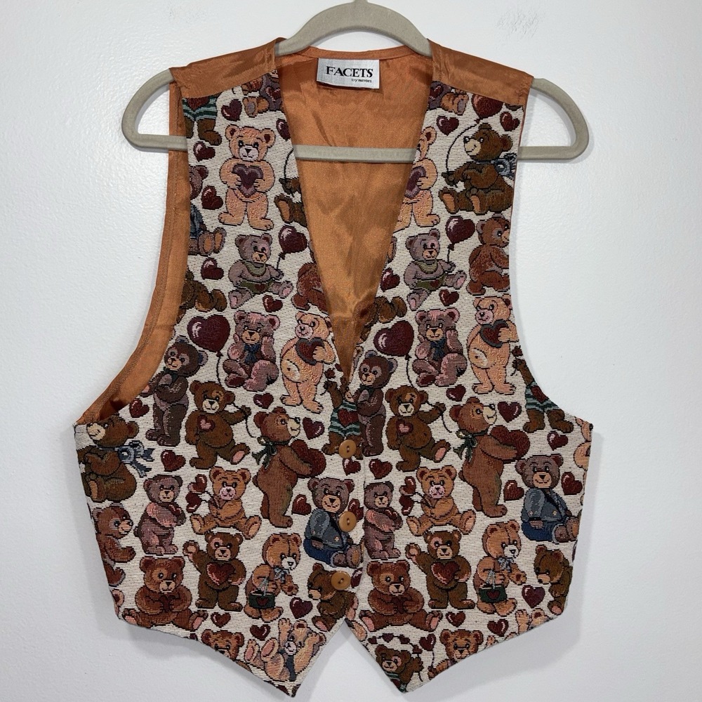 Vintage Facets By Mirror Women's Tapestry Teddy Bear Vest Size Large